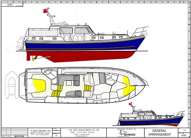 Profile and general arrangement plan for the Seaward 42 E16 aft cabin version © William Rhys-Jones